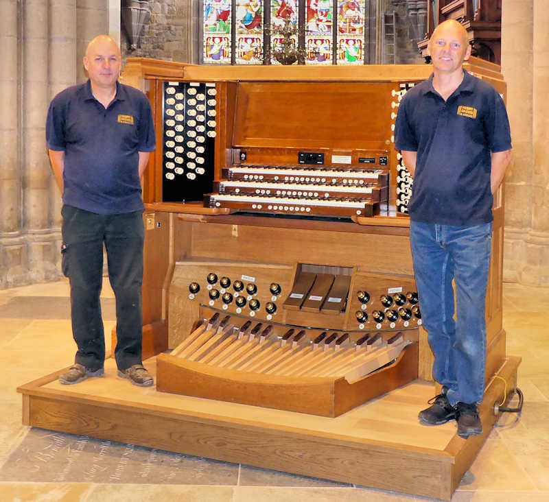 Jonathan Wallace (right), Company Director, and Paul Johnson, Works Manager, at the newly rebuilt console of St Mary's, Melton Mowbray.