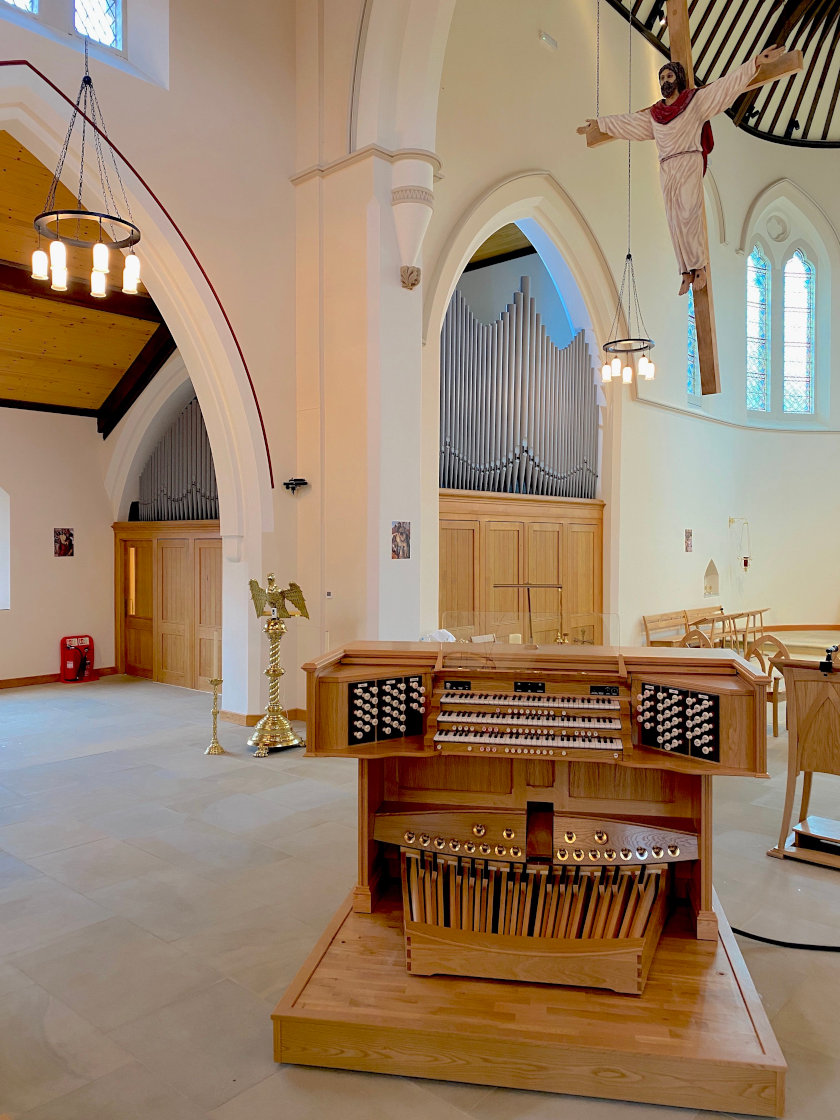 The new organ at the Church of the Ascension, Lower Broughton, showing the console and both pipe fronts.